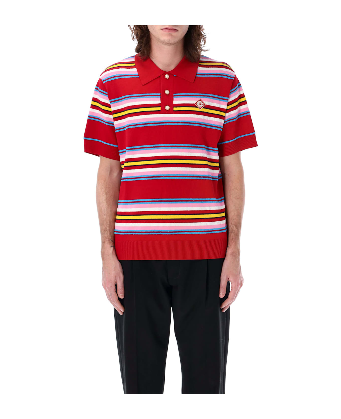 Casablanca Striped Knit Polo Shirt - RED