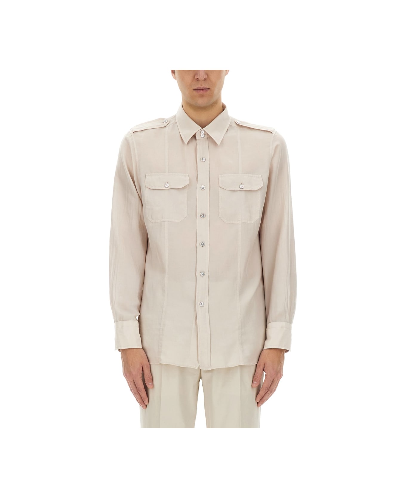 Tom Ford Cotton And Silk Military Shirt - BEIGE
