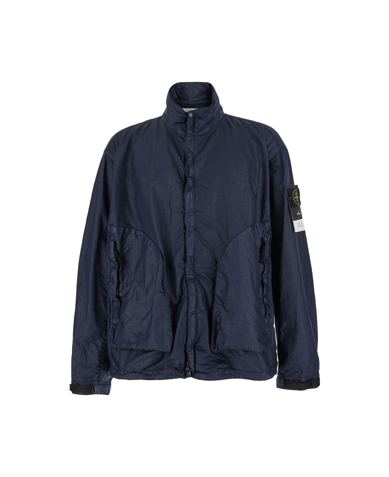 Stone Island Blue Jacket With High Collar And Compass Logo Applied On The Sleeve In Tech Fabric Man - Blu