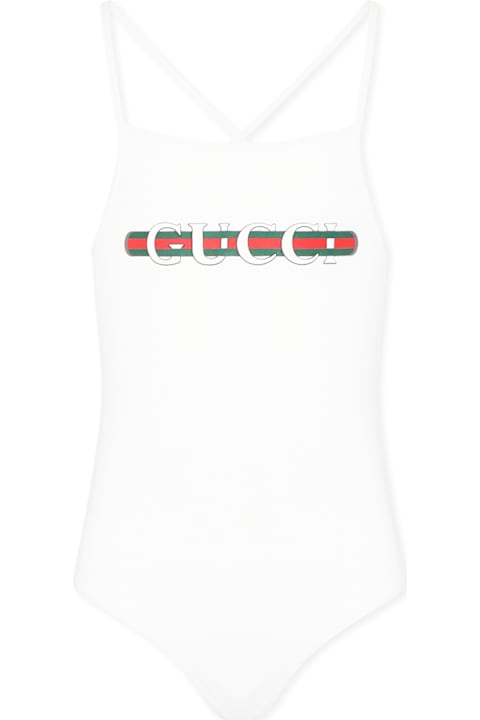 Gucci لـ بنات Gucci White One-piece Swimsuit For Girl With Logo