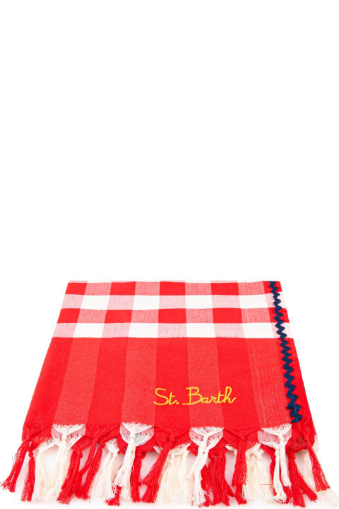 Swimwear for Men MC2 Saint Barth Fouta With Navy Blue Wave Trim And Gingham Print