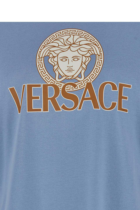 Versace Clothing for Men Versace Light Blue Crewneck T-shirt With Maxi Medusa Print With Logo Lettering On The Front In Cotton Man